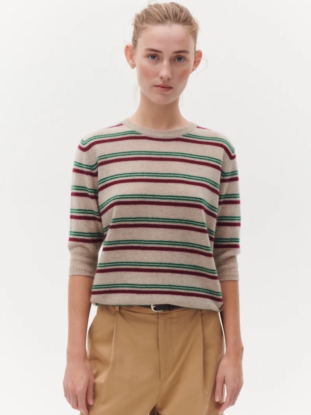 Beta Studios Mini Stripes Lady Sleeve Sweater in Sand/Burgundy/Green Size M